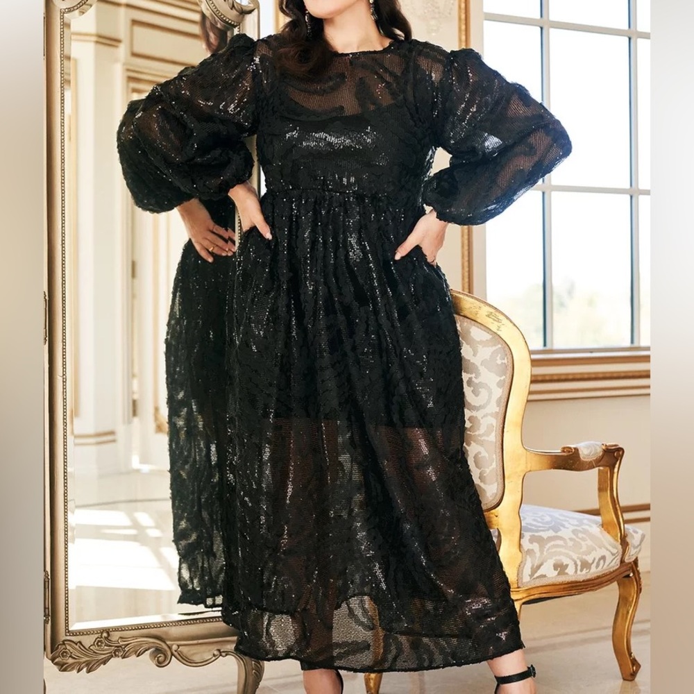 Eloquii Black Sheer Sequin Long Sleeve Dress